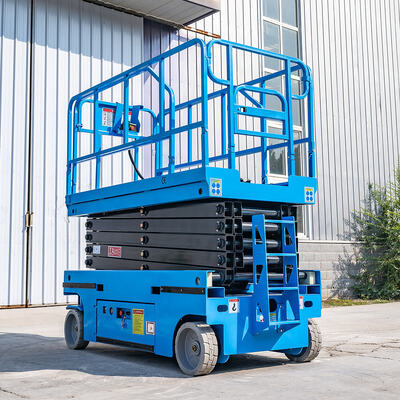 Blauwe elektrische gemotoriseerde schaarlift 320 kg capaciteit 13,8 m maximale hoogte